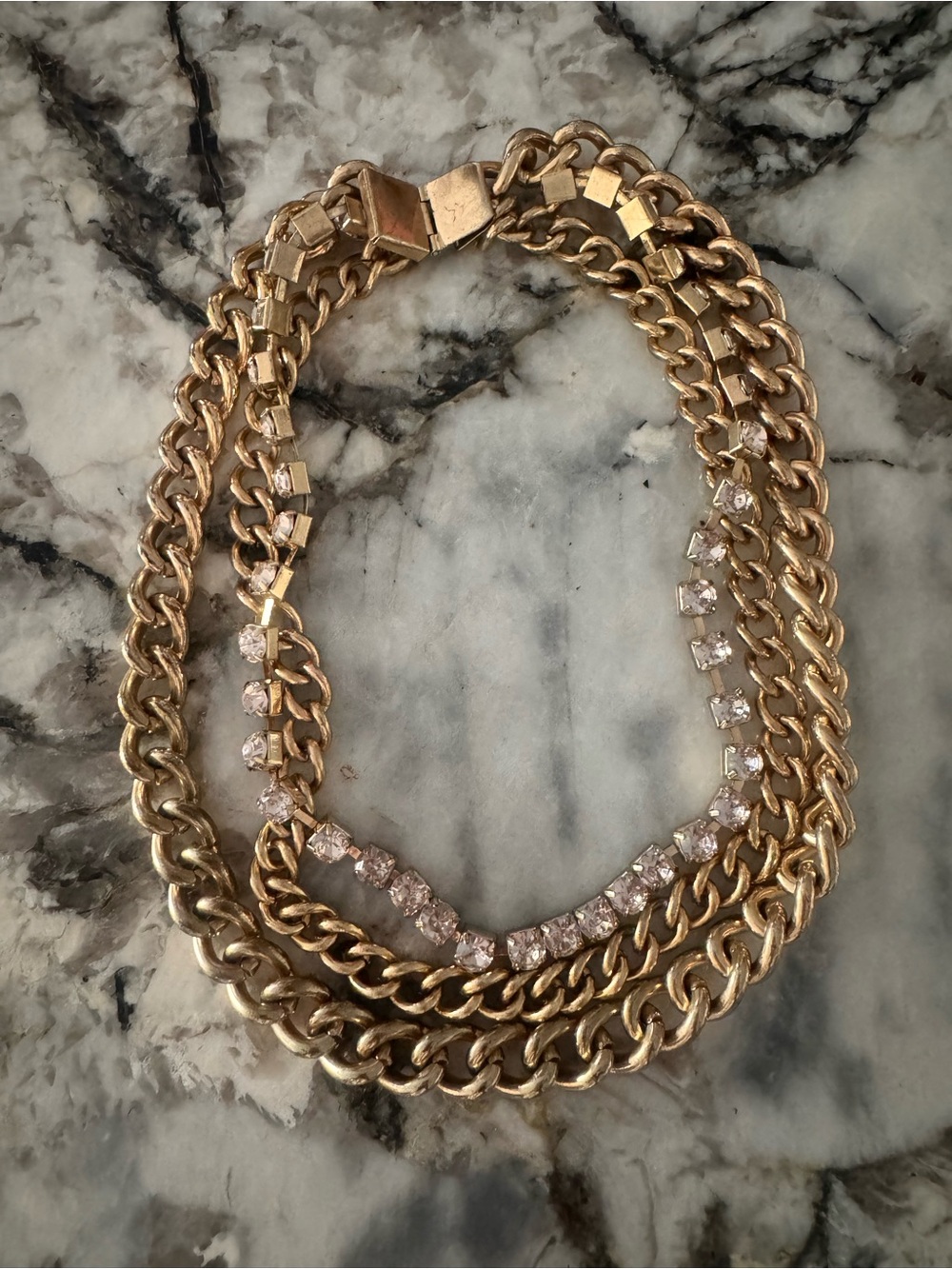 H&M Gold-Tone Layered Chain Necklace with Clear Crystal Accents